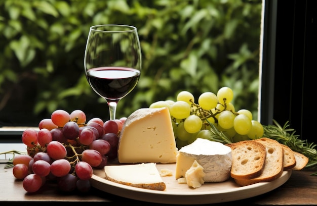 A plate of cheese grapes bread and a glass of wine ai