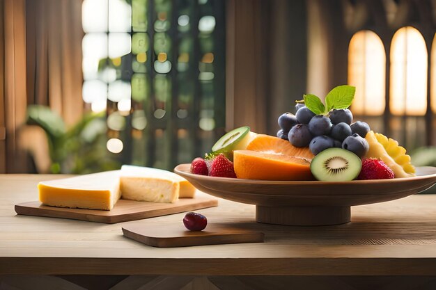 Foto un piatto di formaggio, uva e formaggio su un tavolo di legno