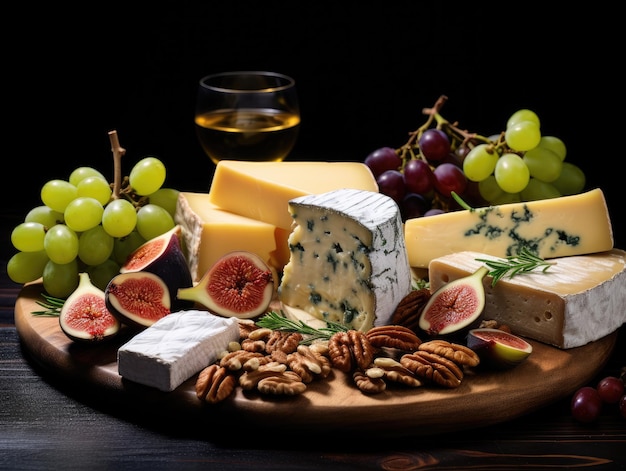 a plate of cheese and grapes