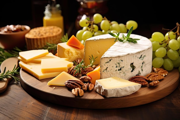 a plate of cheese and grapes