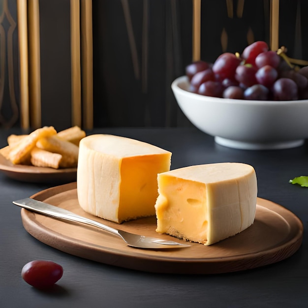 チーズの皿とその隣にフォーク、背景にブドウ。