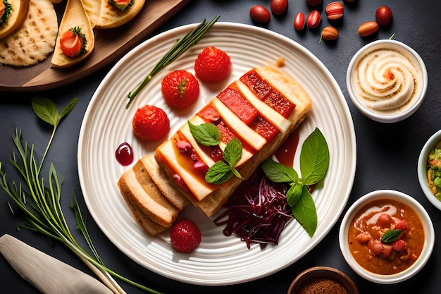 A plate of cheese with a red sauce and a plate of beets.