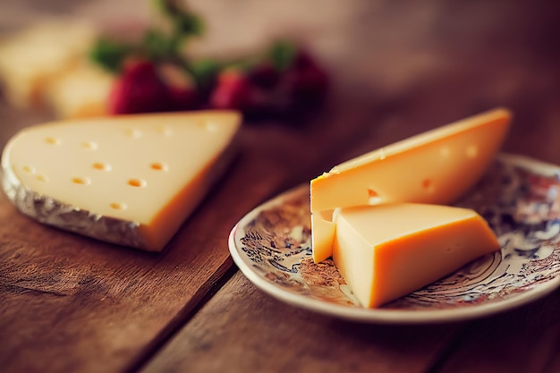 A plate of cheese with a small hole in the middle