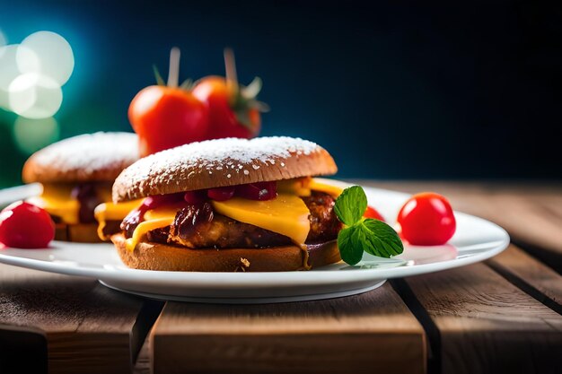 Photo a plate of cheeseburger with tomatoes and tomatoes on a wooden table.