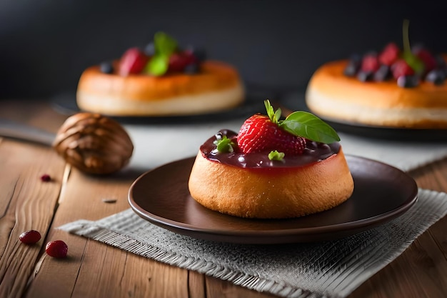 イチゴを乗せたチーズケーキのプレート