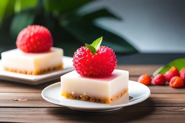 a plate of cheesecakes with raspberries and a raspberry.