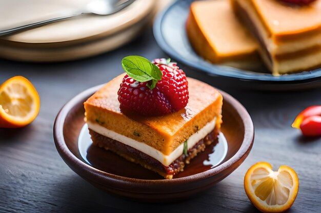 a plate of cheesecakes with a slice of lemon on it