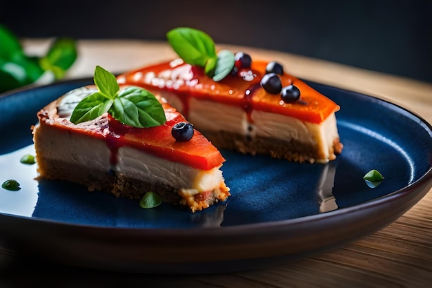 a plate of cheesecakes with a slice of strawberry and mint.