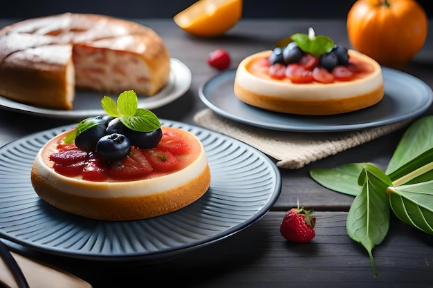 위에 딸기가 있는 치즈케이크 한 접시.