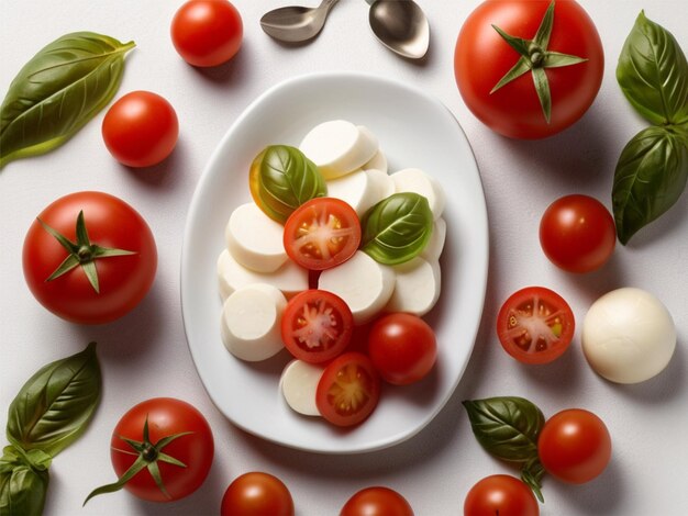 a plate of cheeses with tomatoes cheese and tomatoes