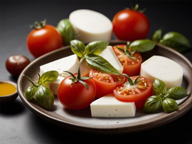 a plate of cheeses with tomatoes cheese and tomatoes