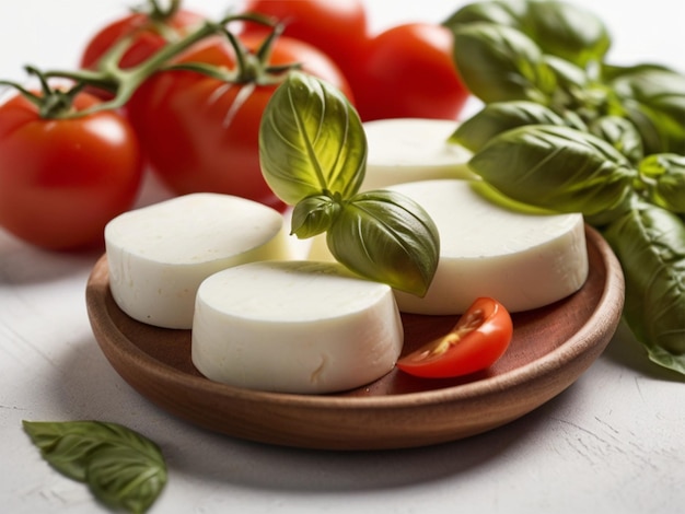 a plate of cheeses with tomatoes cheese and tomatoes