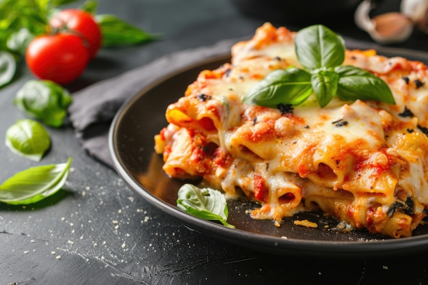 A plate of cheesy baked ziti with marinara sauce copy space for text