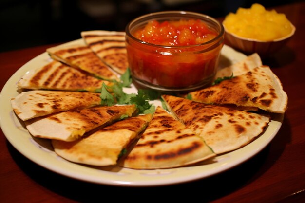 Foto un piatto di quesadilla al formaggio con panna acida, erbe fresche, salsa e lime su uno sfondo scuro