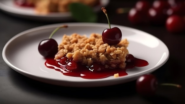 A plate of cherries with a cherry sauce on top