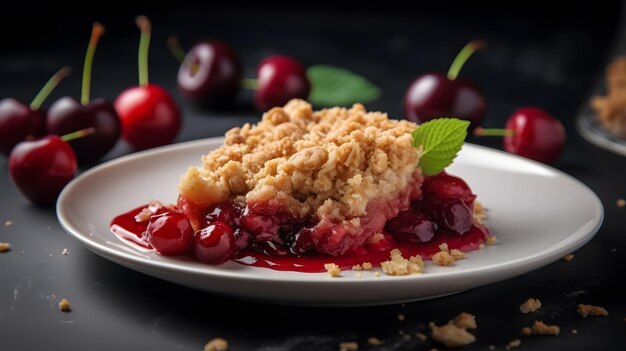 A plate of cherry pie with a green leaf on top