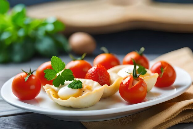 A plate of cherry tomatoes with a bunch of parsley on top