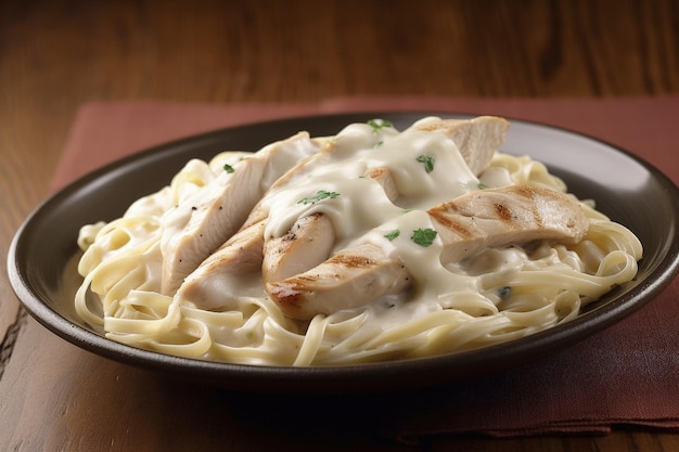 A plate of chicken alfredo on a wooden table generative AI