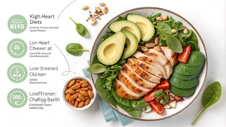 Photo a plate of chicken avocado and avocado