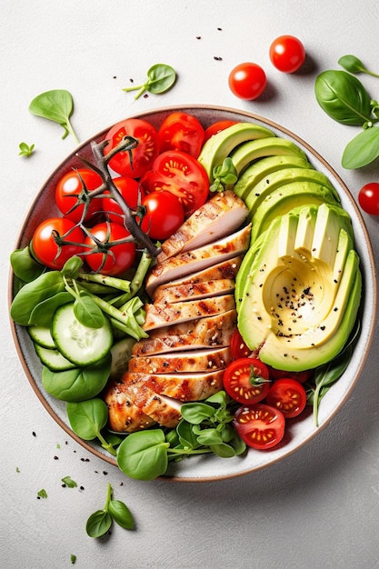 A plate of chicken avocado tomatoes and spinach