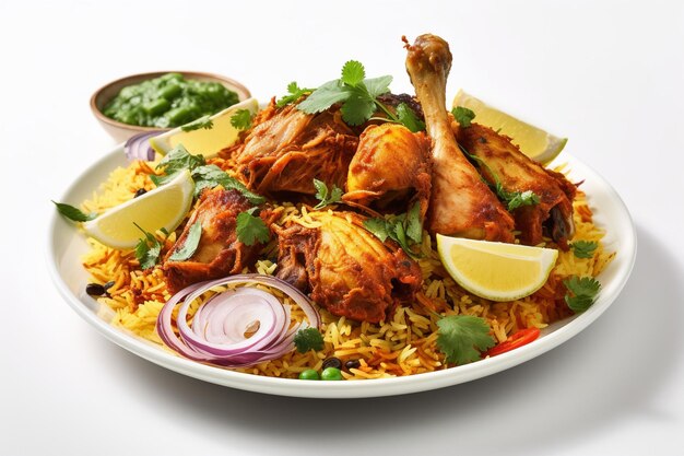 Photo a plate of chicken biryani with a bowl of chutney