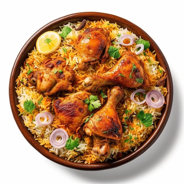 A plate of chicken biryani with onions and lemons