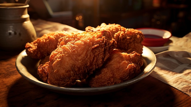 Photo a plate of chicken and bread is on a table