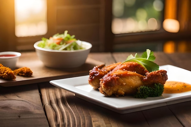 A plate of chicken breast and broccoli with a bowl of salad.