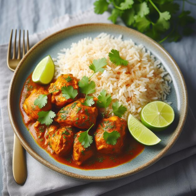 A plate of chicken curry with rice