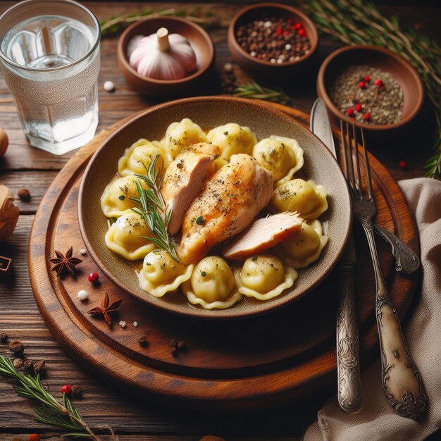 A plate of chicken and dumplings with a fork and a glass of water