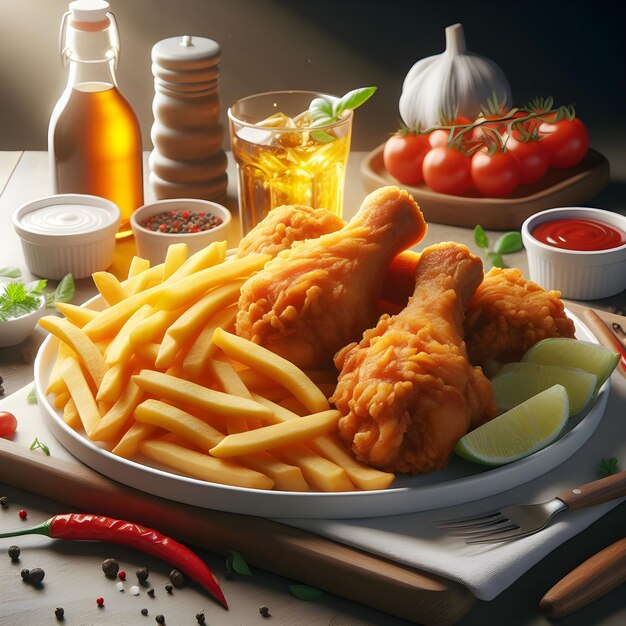 Foto un piatto di pollo e patatine fritte con ketchup