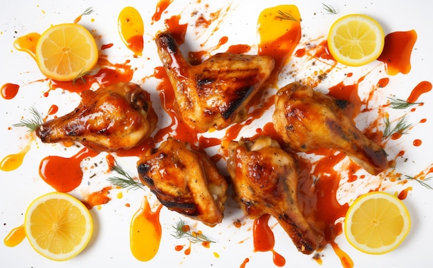 A plate of chicken legs with lemons and lemons on the side.