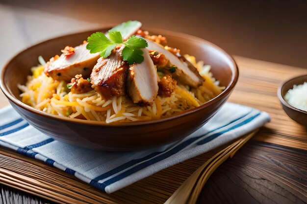 A plate of chicken and noodles with a book on the table