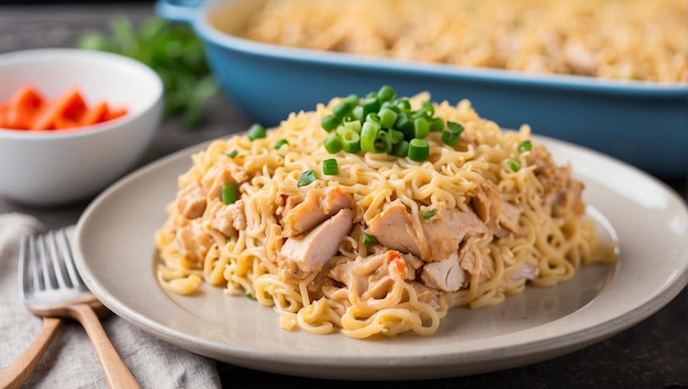 A plate of chicken and noodles