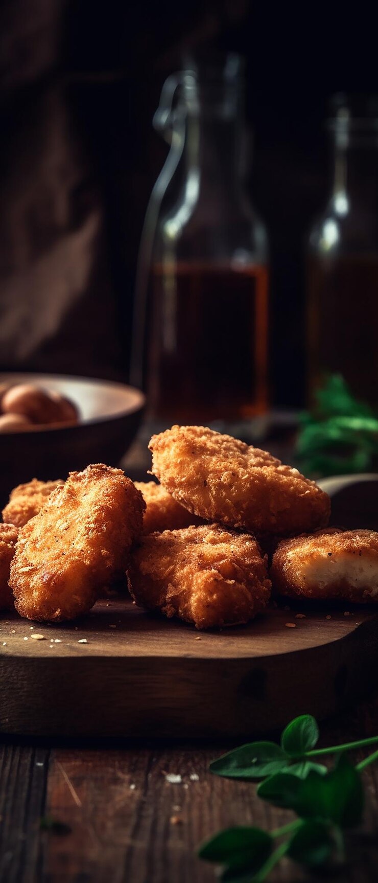 백그라운드에서 맥주 한 잔과 치킨 너겟 한 접시.