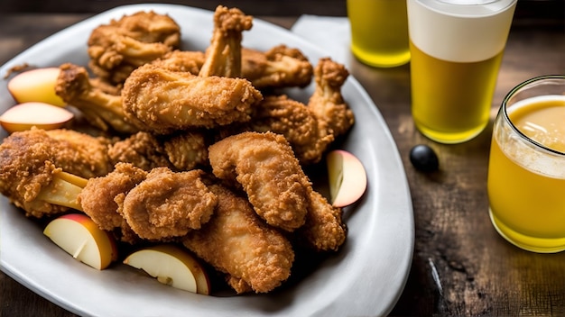 隣にビールのグラスがあるチキンナゲットの皿