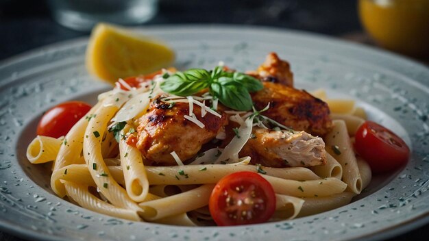 A plate of chicken pasta with a tomato and cheese on it