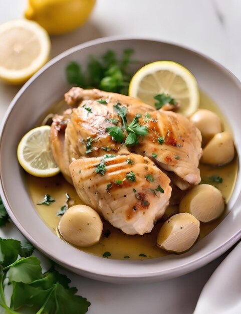 a plate of chicken and potatoes with lemons and parsley ai generated