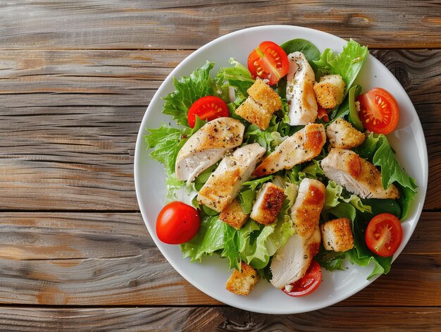 a plate of chicken salad with tomatoes and lettuce