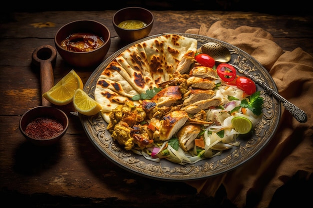 Plate of chicken shawarma with mix of warm and cool spices created with generative ai