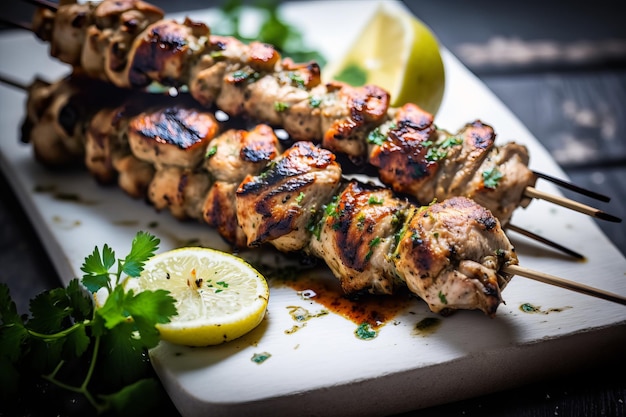 Foto un piatto di spiedini di pollo con spicchi di limone sul lato