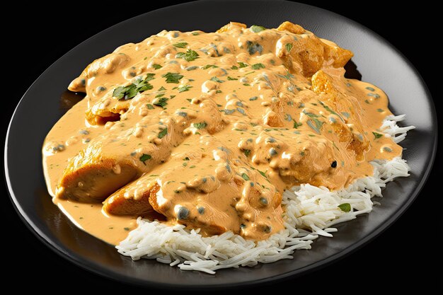 Plate of chicken tikka masala topped with creamy and spicy sauce created with generative ai