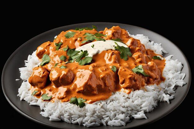 Plate of chicken tikka masala with creamy sauce and fresh garnish created with generative ai