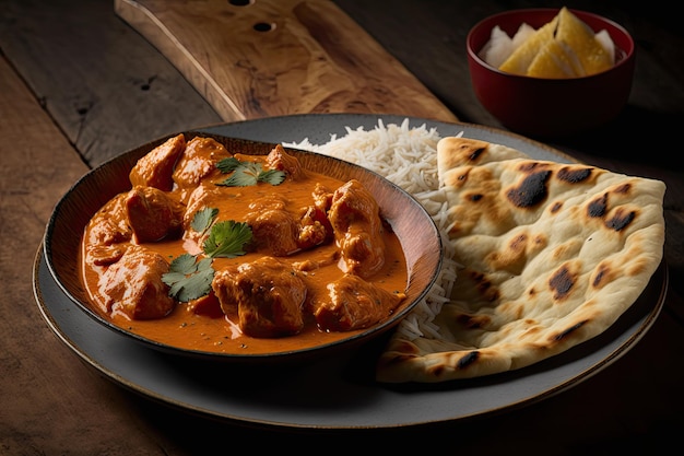 Plate of chicken tikka masala with freshly baked naan created with generative ai