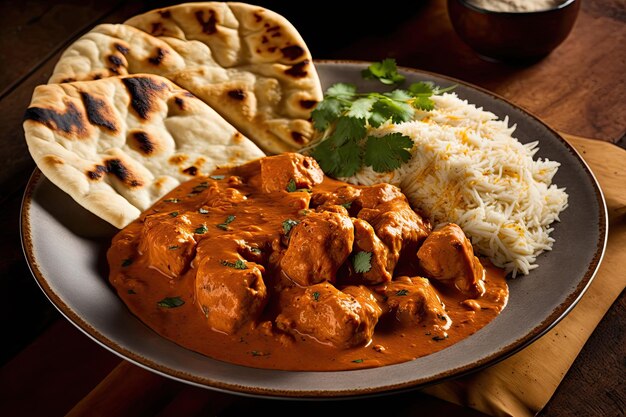 Plate of chicken tikka masala with freshly baked naan created with generative ai