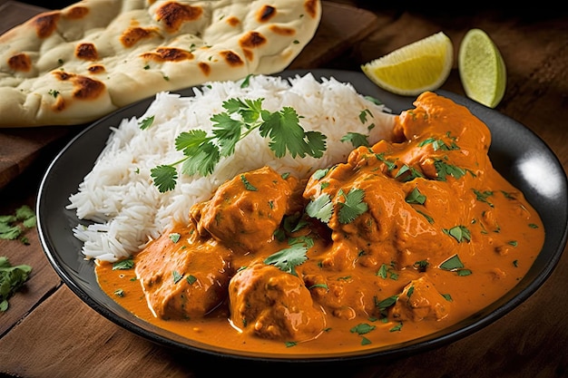 A plate of chicken tikka masala with rice and naan bread