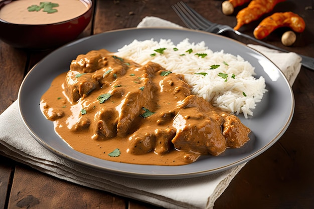 Photo plate of chicken tikka masala with savory sauce and mix of spices created with generative ai