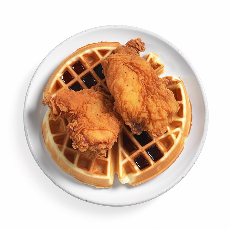 A plate of chicken and waffles with a white background