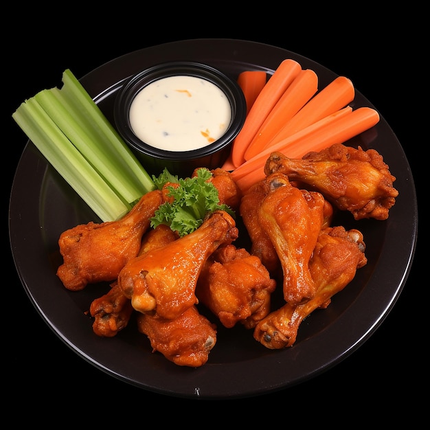 A plate of chicken wings and carrots with ranch dressing.