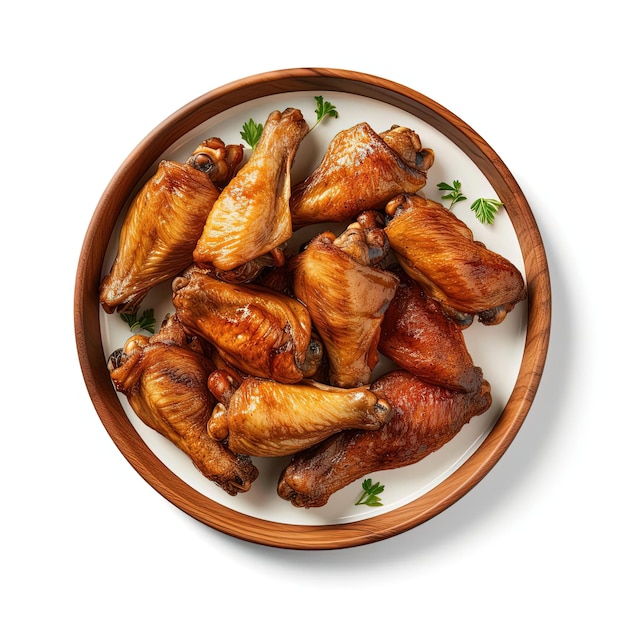 a plate of chicken wings is placed on a white background in the style of birdseyeview